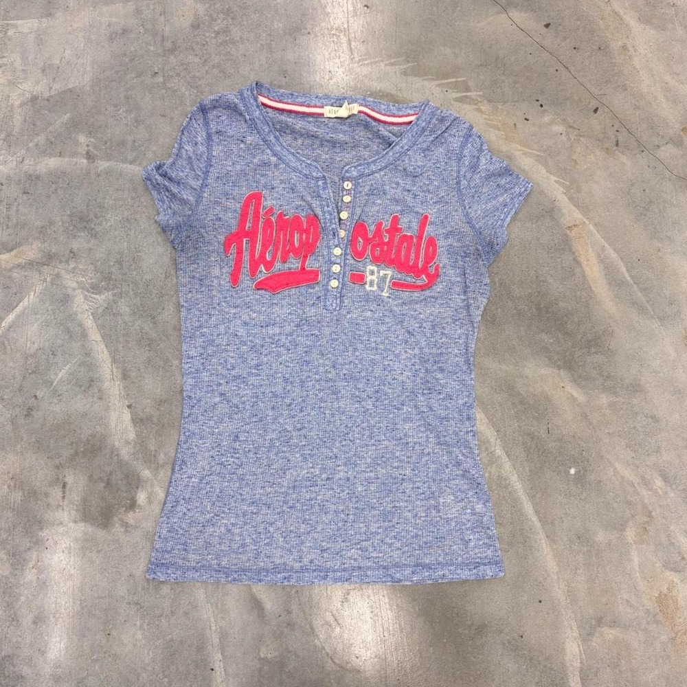 Aeropostale Y2K Blue Henley Baby Tee Pink Logo Graphic Top XL